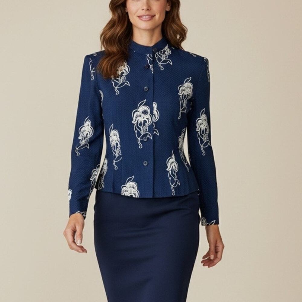 VTG 80s Albert Nipon Navy Ornate Novelty Print Button Up Blouse Top